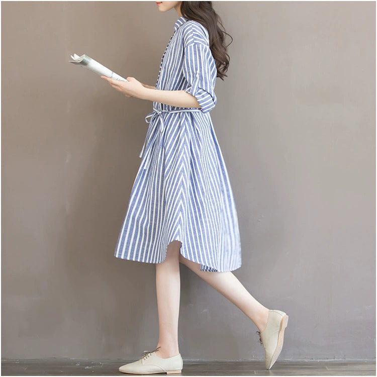 2019 autumn clothing plus size fat mm long vertical striped shirt pregnant women's dress shirt 200kg