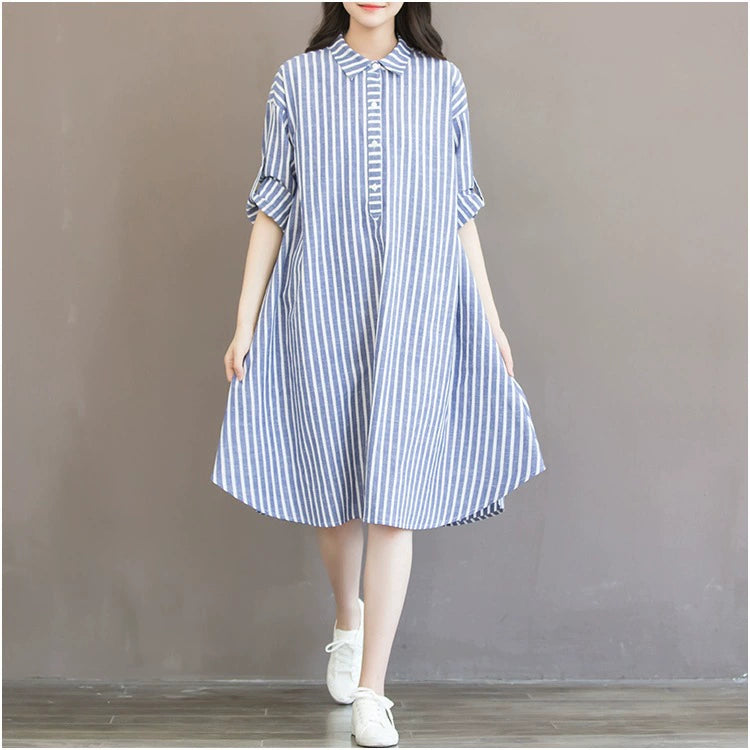 2019 autumn clothing plus size fat mm long vertical striped shirt pregnant women's dress shirt 200kg