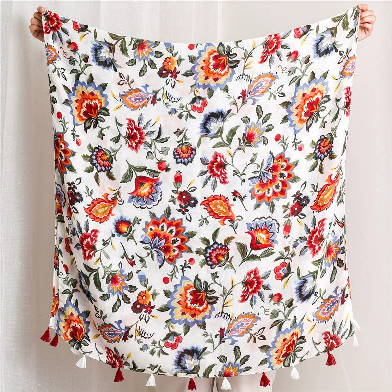 Summer Travel Sunscreen Shawl Temperament All-match Color Flower Printing Ethnic Style Cotton Linen Scarf Women's Scarf