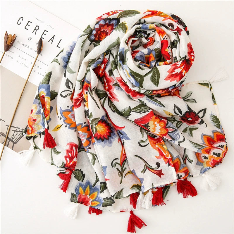 Summer Travel Sunscreen Shawl Temperament All-match Color Flower Printing Ethnic Style Cotton Linen Scarf Women's Scarf