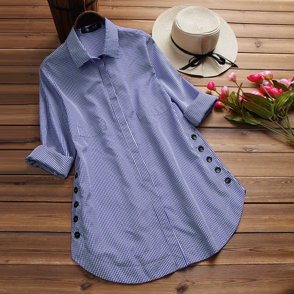 2023 Spring/Summer Cross-Border Casual Plaid Irregular Side Button Hem Loose Shirt for Women, Casual and Versatile