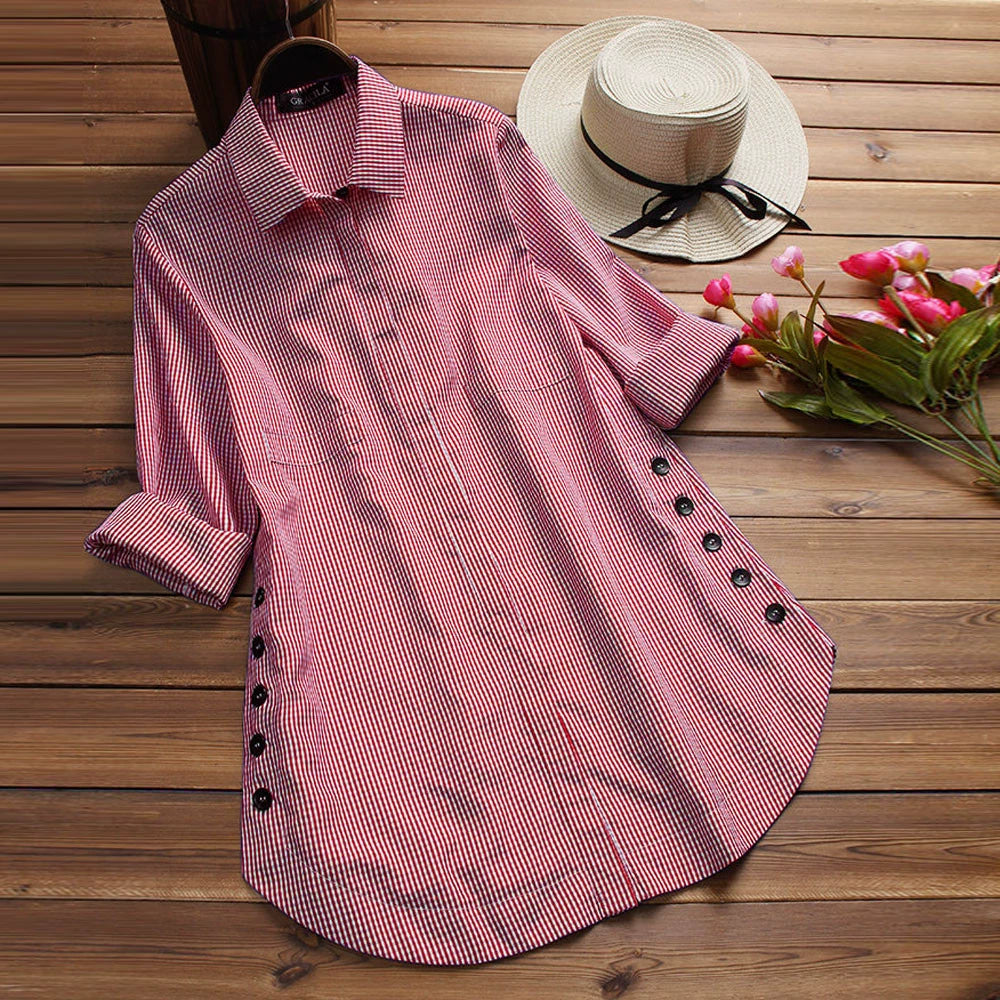 2023 Spring/Summer Cross-Border Casual Plaid Irregular Side Button Hem Loose Shirt for Women, Casual and Versatile