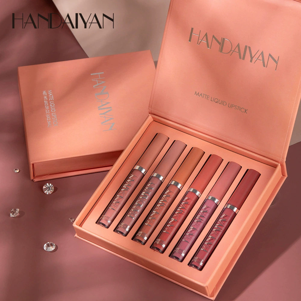 Handaiyan Cross-Border Best-Selling Matte Lip Gloss Set of 6 Pieces, Waterproof and Non-Fading, Long-Lasting Lip Gloss in European and American Styles