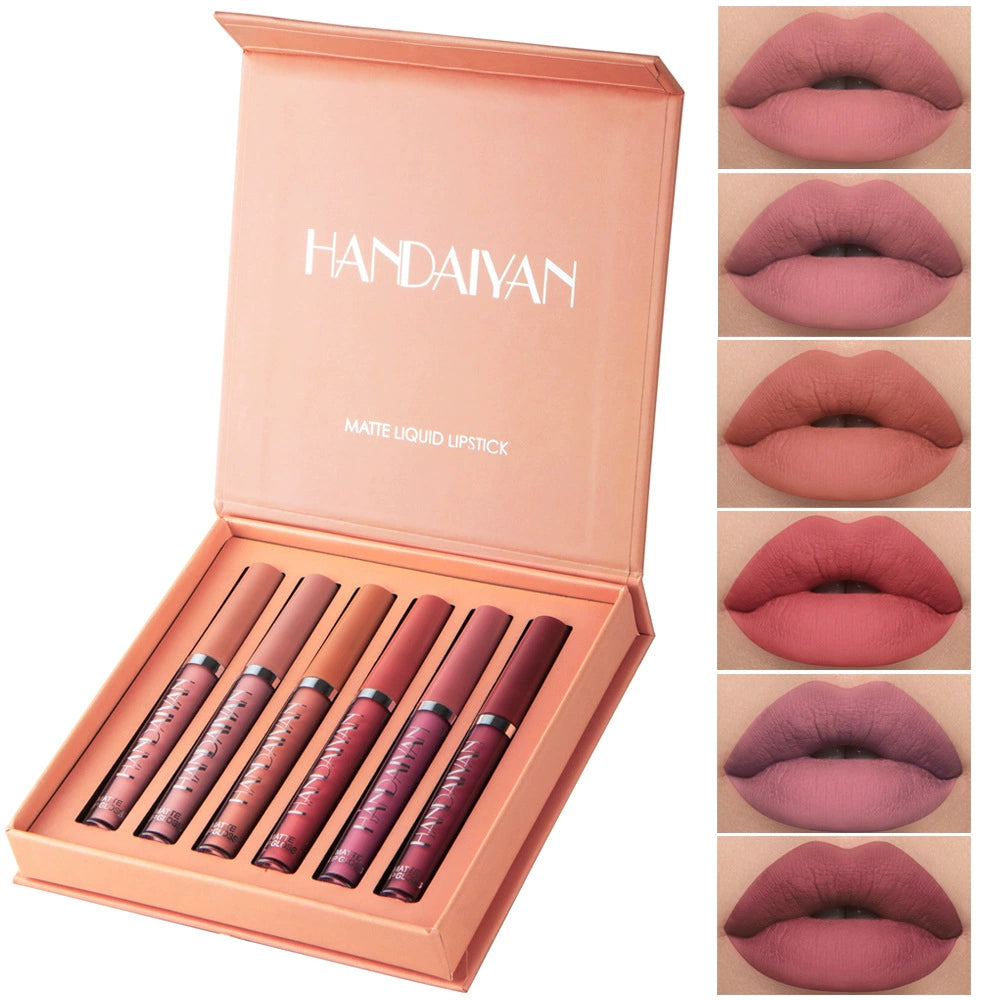 Handaiyan Cross-Border Best-Selling Matte Lip Gloss Set of 6 Pieces, Waterproof and Non-Fading, Long-Lasting Lip Gloss in European and American Styles