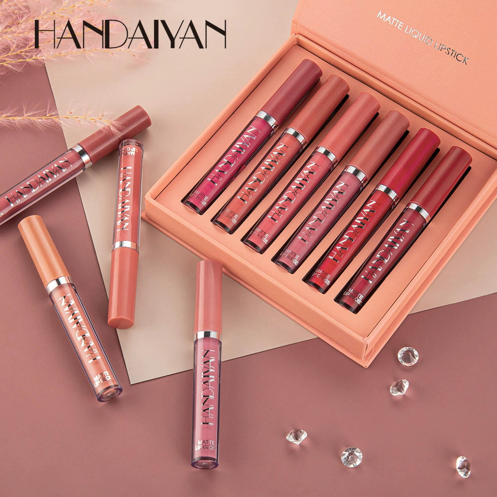 Handaiyan Cross-Border Best-Selling Matte Lip Gloss Set of 6 Pieces, Waterproof and Non-Fading, Long-Lasting Lip Gloss in European and American Styles