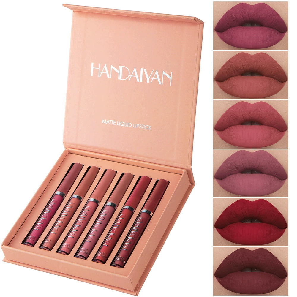 Handaiyan Cross-Border Best-Selling Matte Lip Gloss Set of 6 Pieces, Waterproof and Non-Fading, Long-Lasting Lip Gloss in European and American Styles