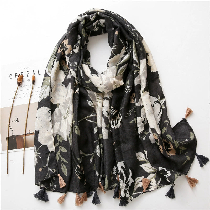 Summer Travel Sunscreen Shawl Temperament All-match Color Flower Printing Ethnic Style Cotton Linen Scarf Women's Scarf