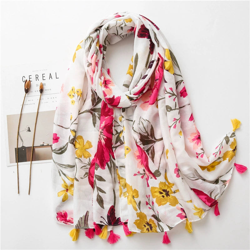 Summer Travel Sunscreen Shawl Temperament All-match Color Flower Printing Ethnic Style Cotton Linen Scarf Women's Scarf
