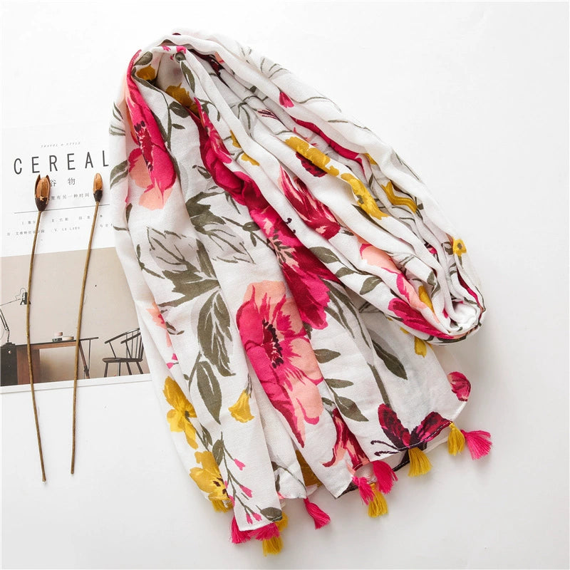 Four Seasons Travel Sunscreen Shawl Elegant All-match Color Flower Printing Ethnic Style Cotton Linen Scarf Women