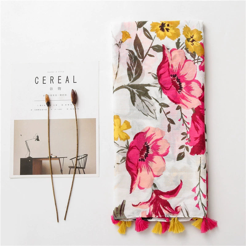 Four Seasons Travel Sunscreen Shawl Elegant All-match Color Flower Printing Ethnic Style Cotton Linen Scarf Women