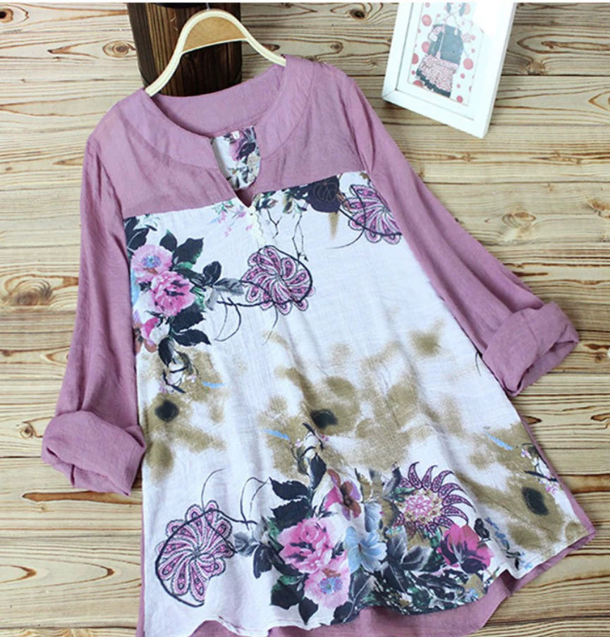 Women's Shirt with Elegant and Stylish Printed Patchwork Design, Pullover Long-Sleeve Top, European and American Style, Loose Fit, Suitable for Commuting