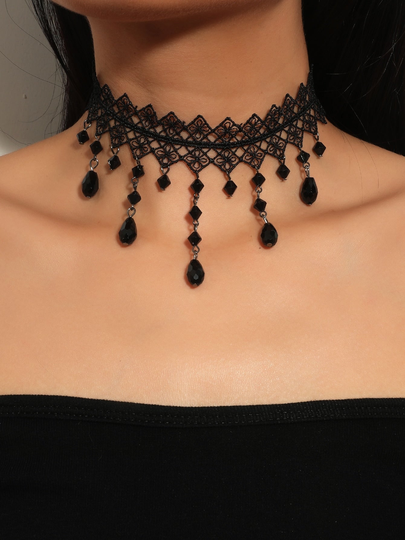Crystal Bead Decor Lace Necklace