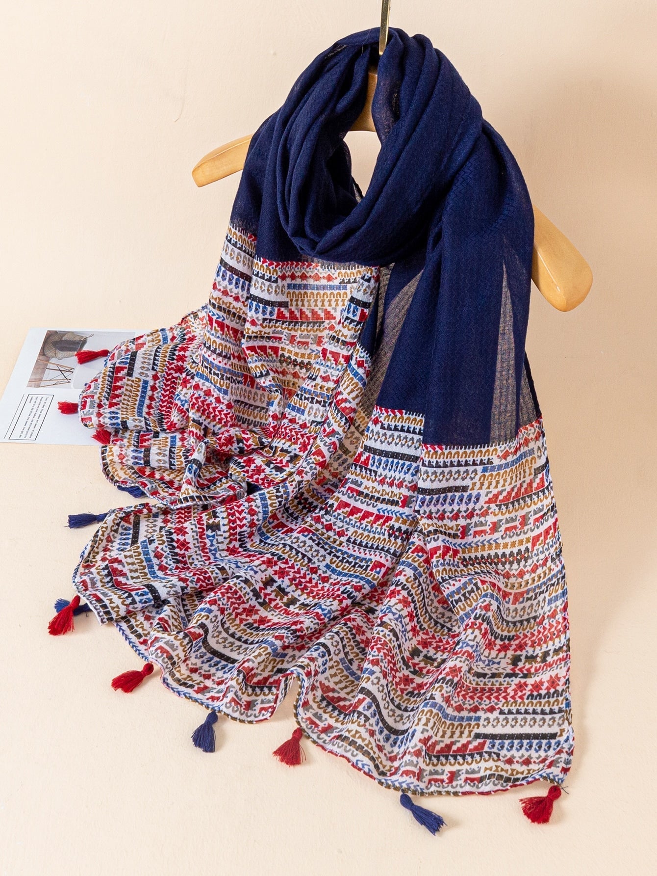 Boho scarf with mixed color ribbons and tassels, suitable for casual weekend