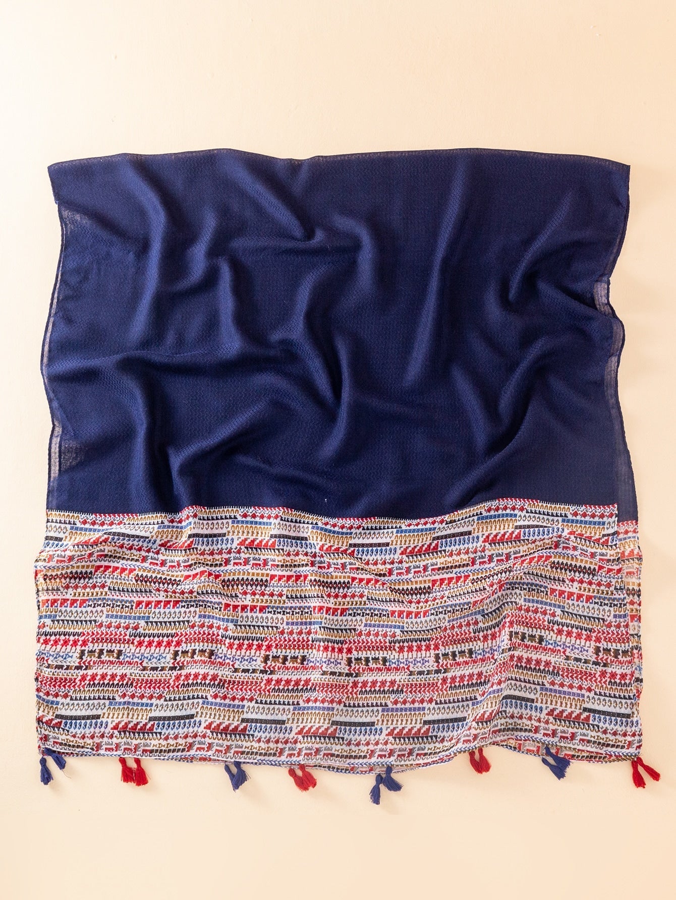 Boho scarf with mixed color ribbons and tassels, suitable for casual weekend