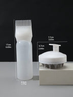 2-piece hair dye application brush set, hair dye brush bottles, oil shampoo bottle, dye comb, hair color styling tool. 1-piece soft plastic shampoo massage brush, colorful manual scalp massager, white hair brush.