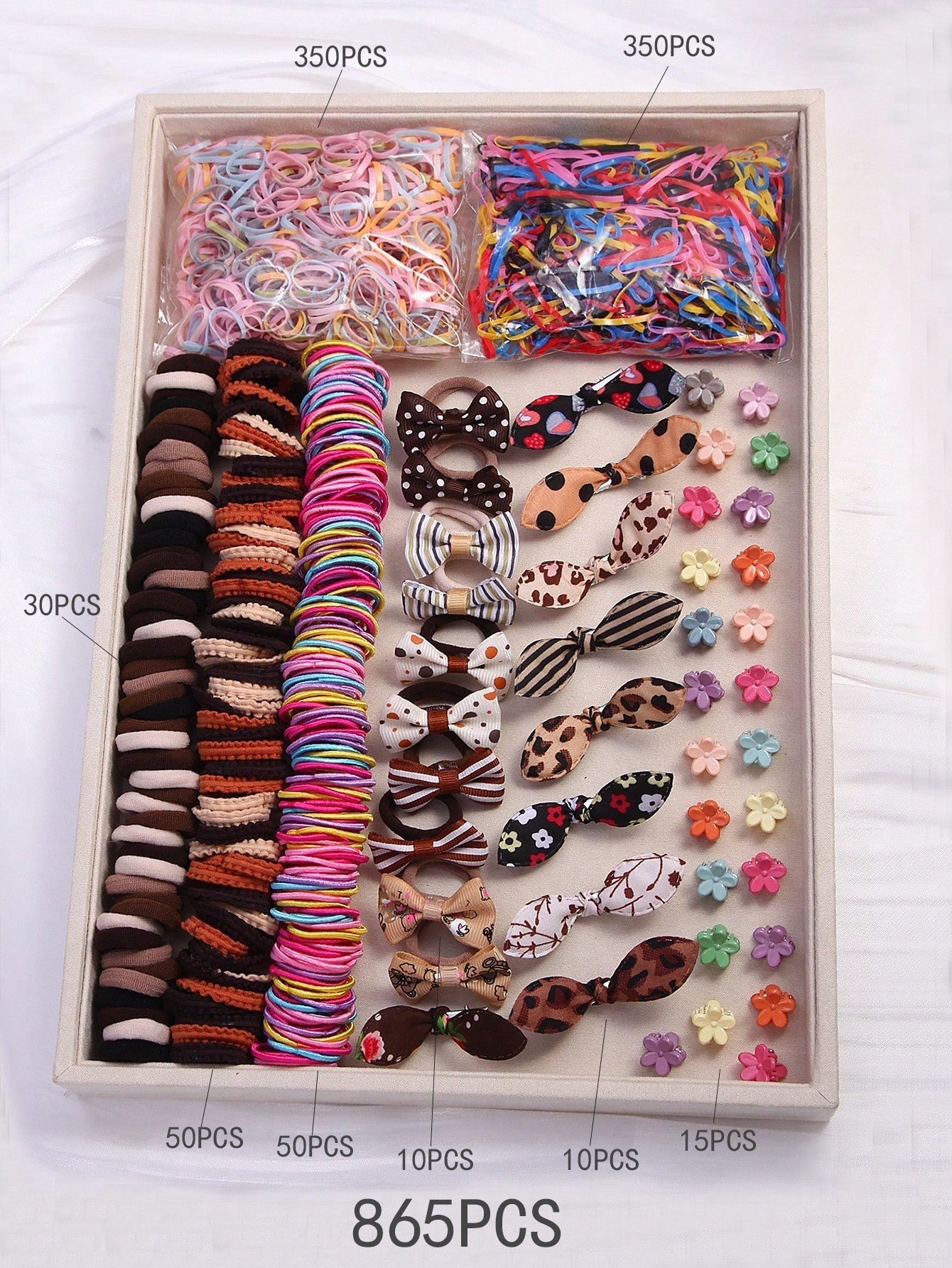 Set of 865 pieces hair accessories, hair clips and hair ties in caramel and assorted colors for girls, comes packaged in a bag