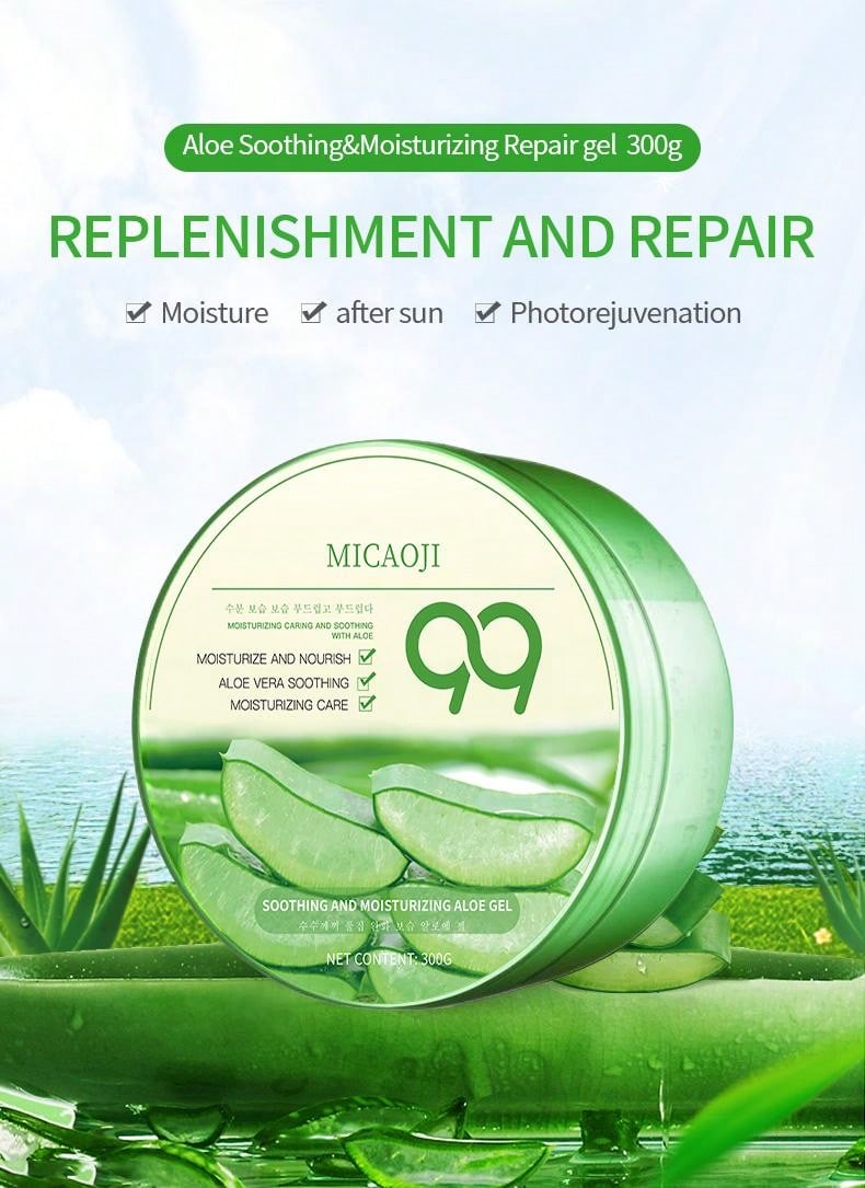 Aloe Vera Gel 300g to moisturize and soothe skin after sunburn, absorb spots, and reduce pore size.