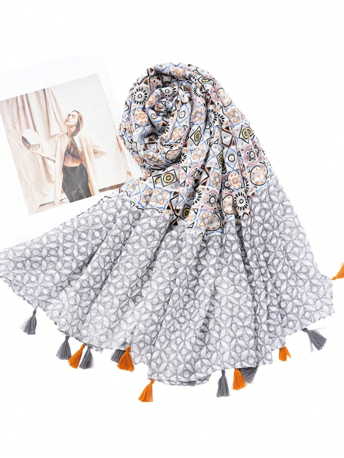 Fashionable long scarf with soft texture printed with geometric pattern and knotted hem, suitable for daily outdoor wear to protect from wind and sun in all seasons