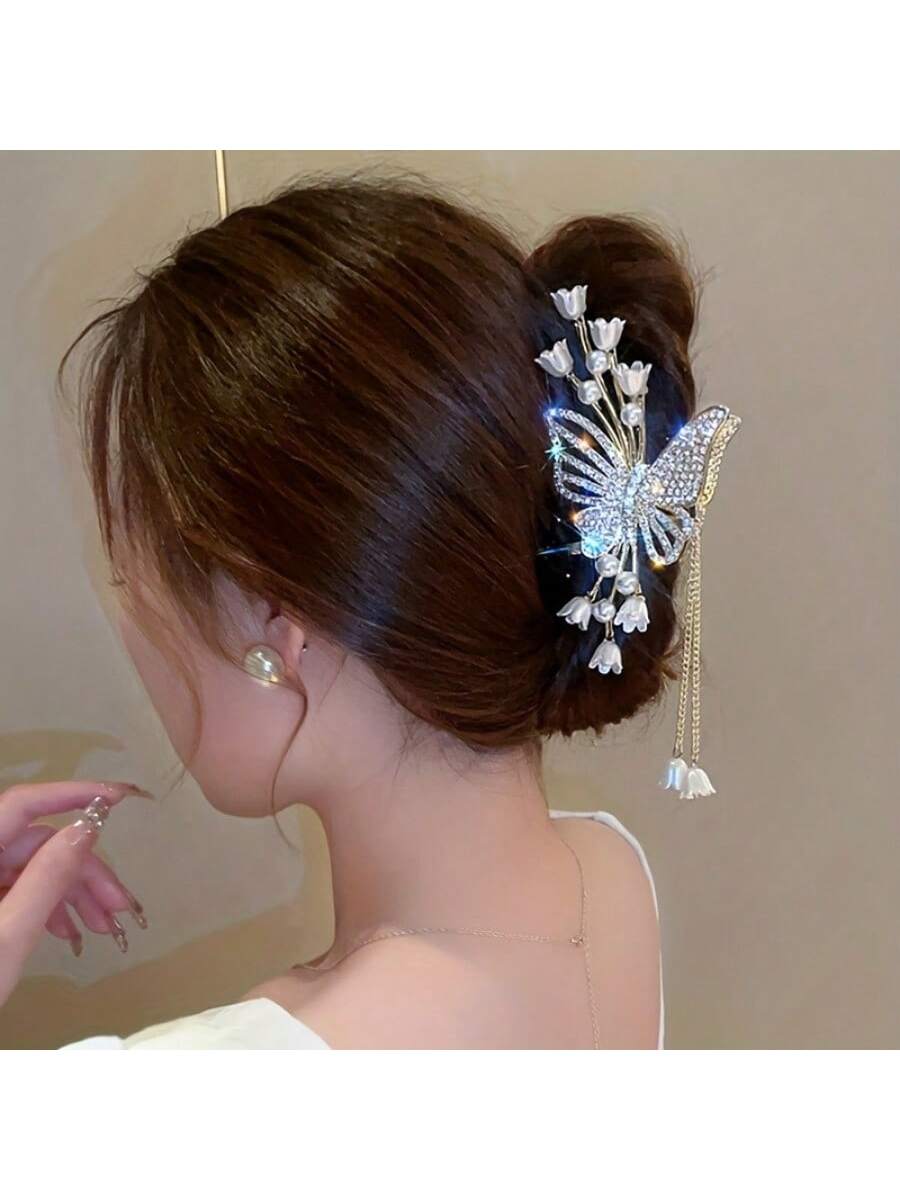 Girls' Flower Butterfly Hair Clip Scarf Decorated with Beads and Artificial Pearls plus Zinc Alloy, Colorful Hair Accessory for Beautiful Girl, Perfect Gift Choice