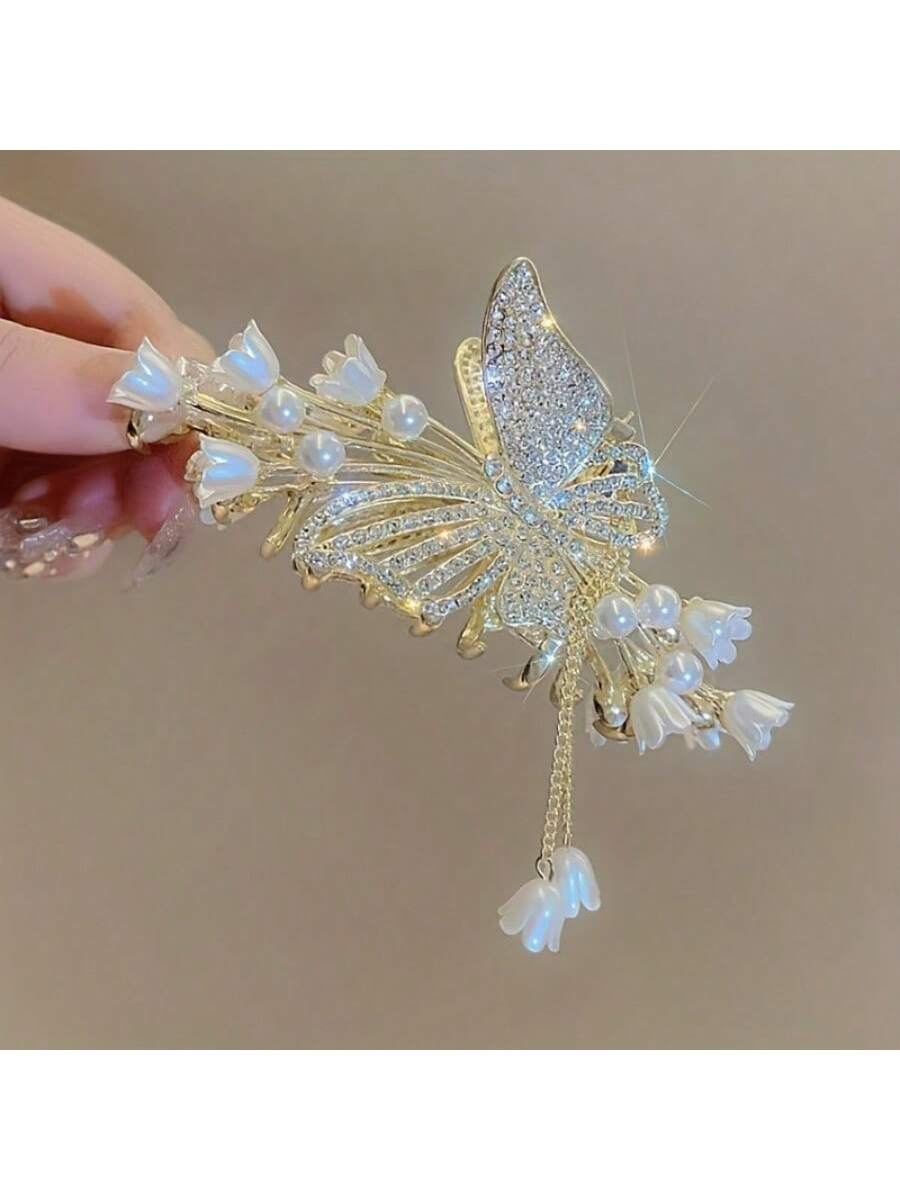 Girls' Flower Butterfly Hair Clip Scarf Decorated with Beads and Artificial Pearls plus Zinc Alloy, Colorful Hair Accessory for Beautiful Girl, Perfect Gift Choice