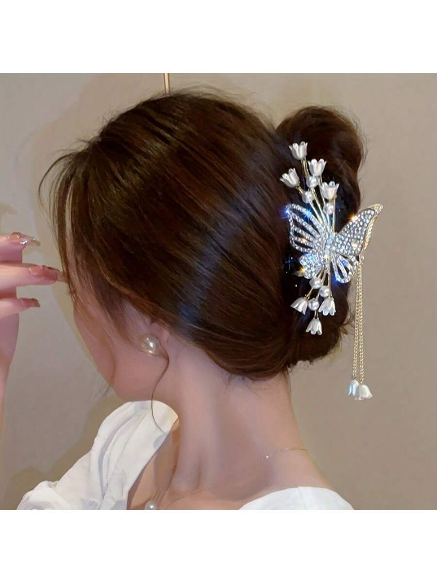 Girls' Flower Butterfly Hair Clip Scarf Decorated with Beads and Artificial Pearls plus Zinc Alloy, Colorful Hair Accessory for Beautiful Girl, Perfect Gift Choice