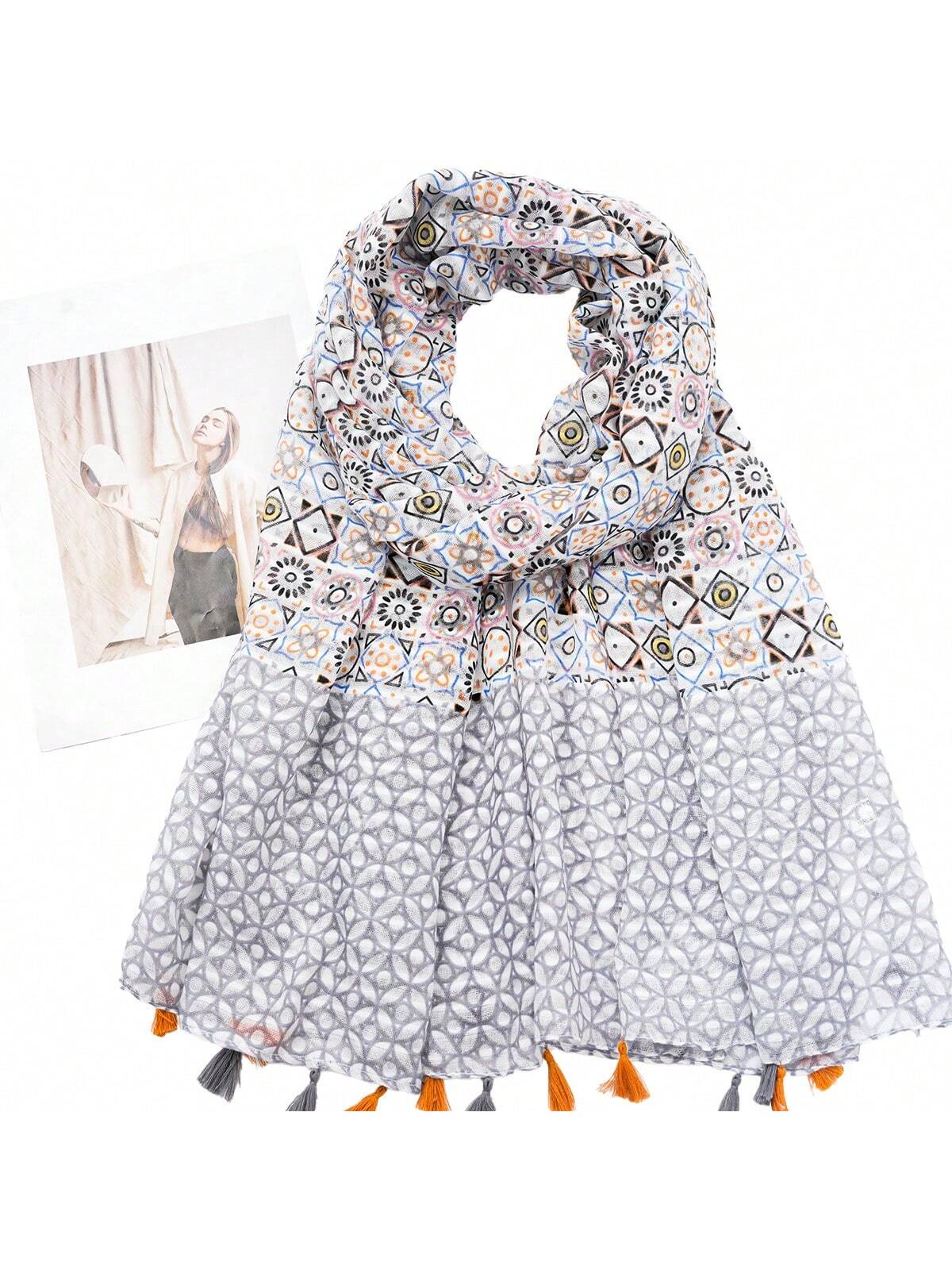 Fashionable long scarf with soft texture printed with geometric pattern and knotted hem, suitable for daily outdoor wear to protect from wind and sun in all seasons