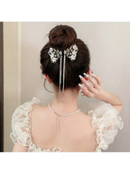 Luxury aluminum alloy hair clip with delicate engraving of hollow butterfly, flower and faux pearl, attractive crystal hair clip and metal balls dangling