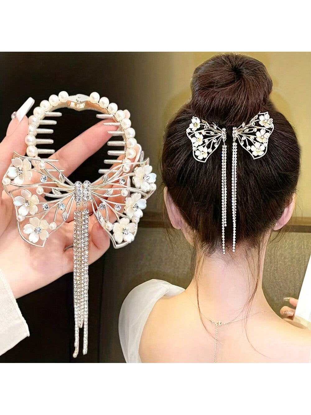 Luxury aluminum alloy hair clip with delicate engraving of hollow butterfly, flower and faux pearl, attractive crystal hair clip and metal balls dangling
