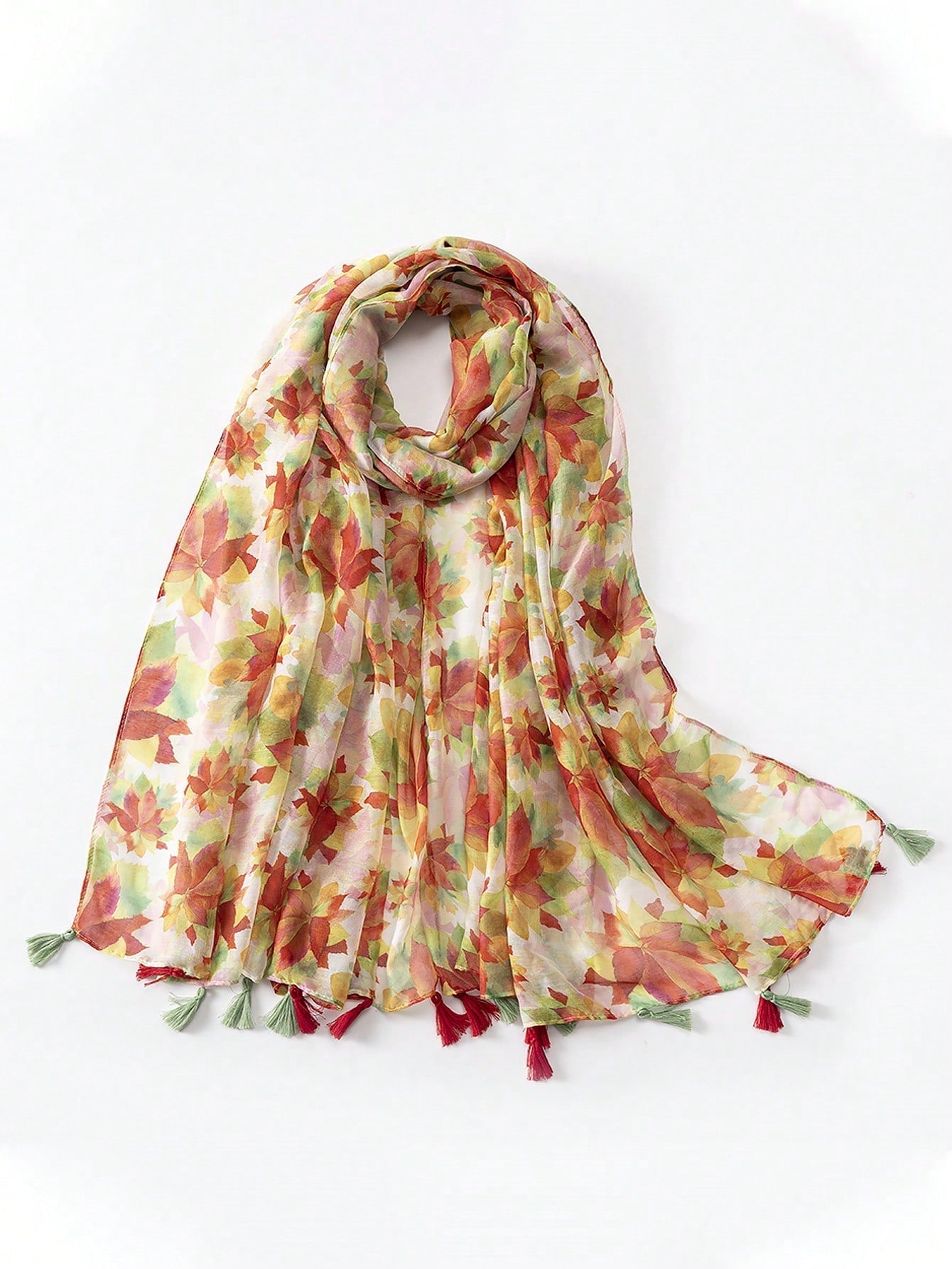 Maple Leaf Print Decorative Silk Scarf for Spring/Summer Travel, Beach Towel with Sunscreen