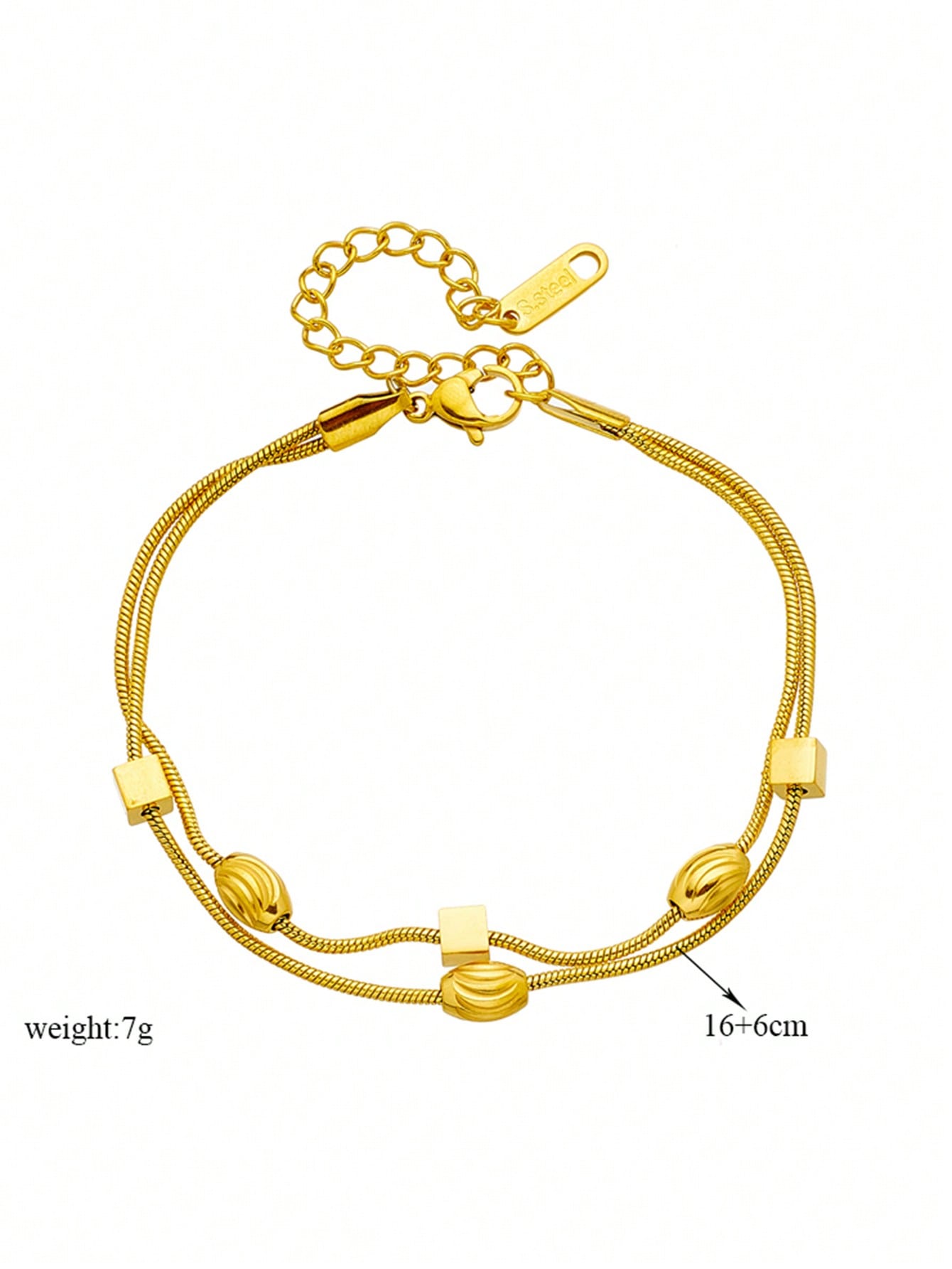 Double layer woven studded chain bracelet in gold plated stainless steel with screw-in fastening