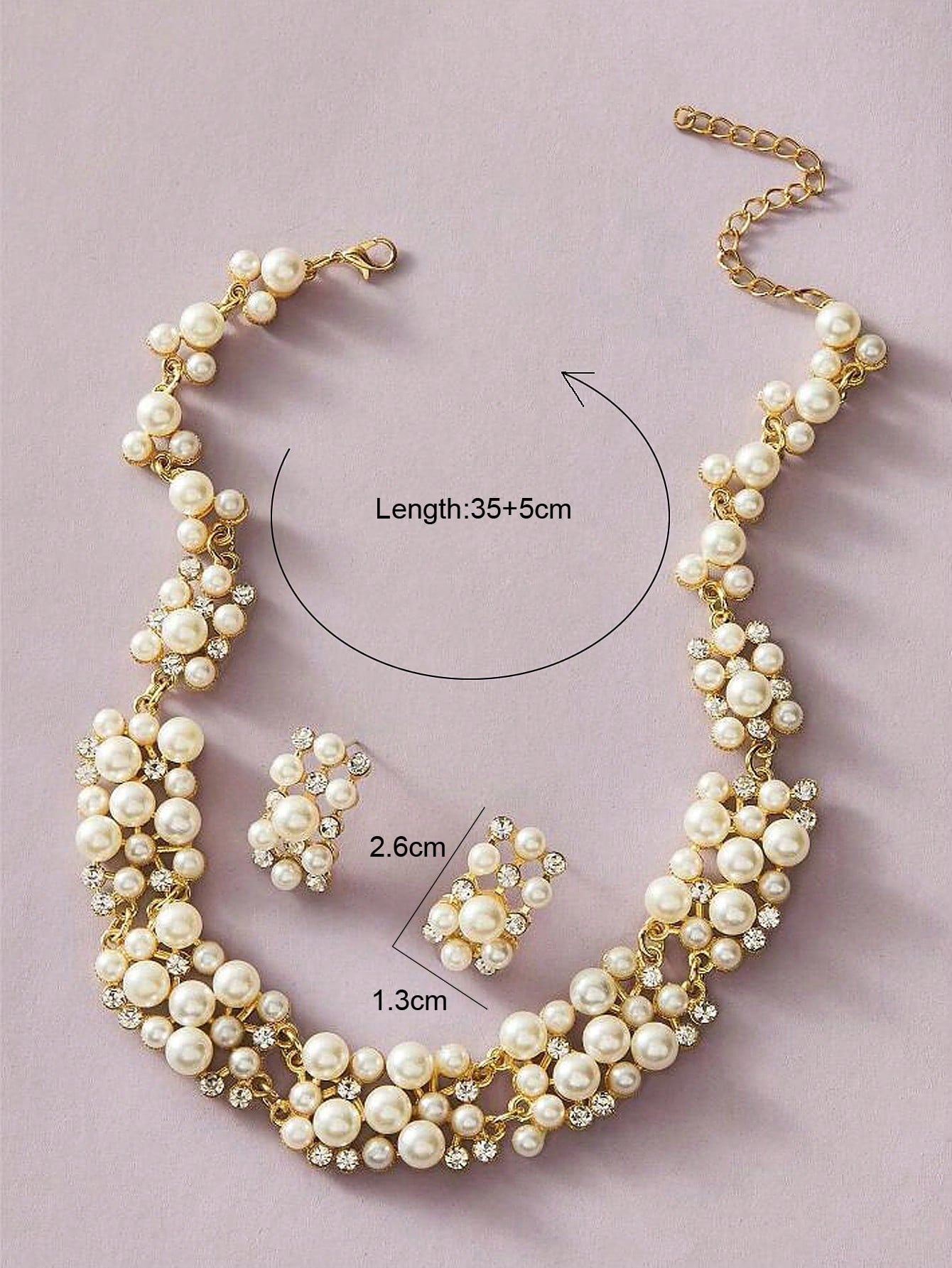 Luxury 3-piece dome neck jewelry set with fine zircon and faux pearls: necklace and stud earrings, suitable for formal and wedding use
