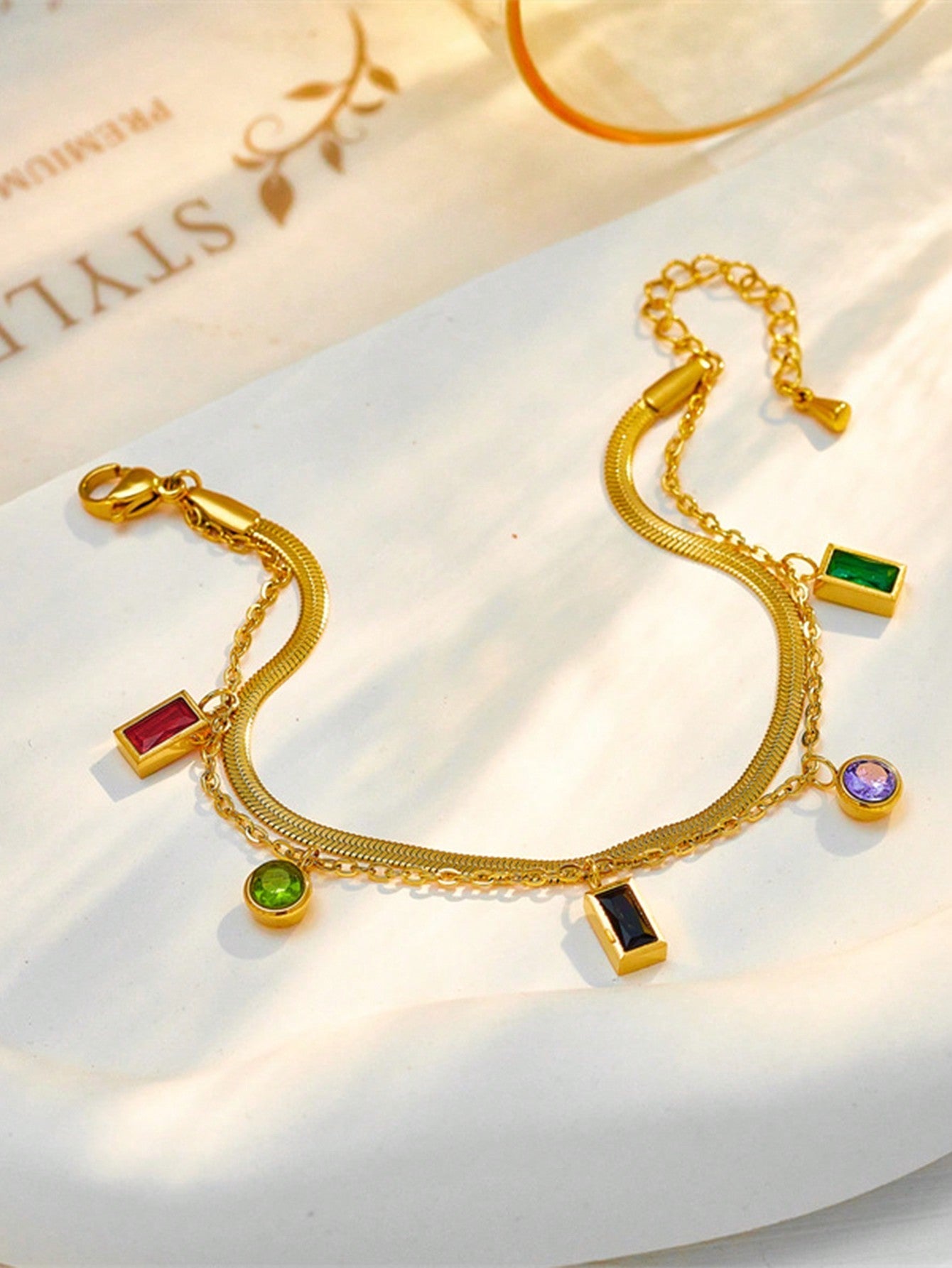 Women's Wide Multicolor Double Level Dopamine Crystal Chain Bracelet with Stones and Stainless Steel, Suitable for Daily Wear.