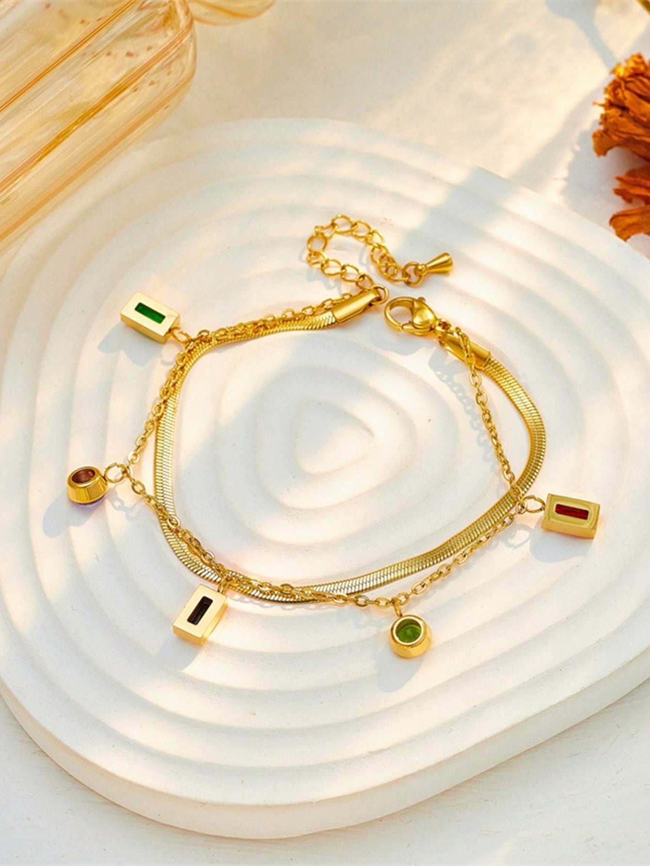 Women's Wide Multicolor Double Level Dopamine Crystal Chain Bracelet with Stones and Stainless Steel, Suitable for Daily Wear.
