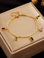 Women's Wide Multicolor Double Level Dopamine Crystal Chain Bracelet with Stones and Stainless Steel, Suitable for Daily Wear.