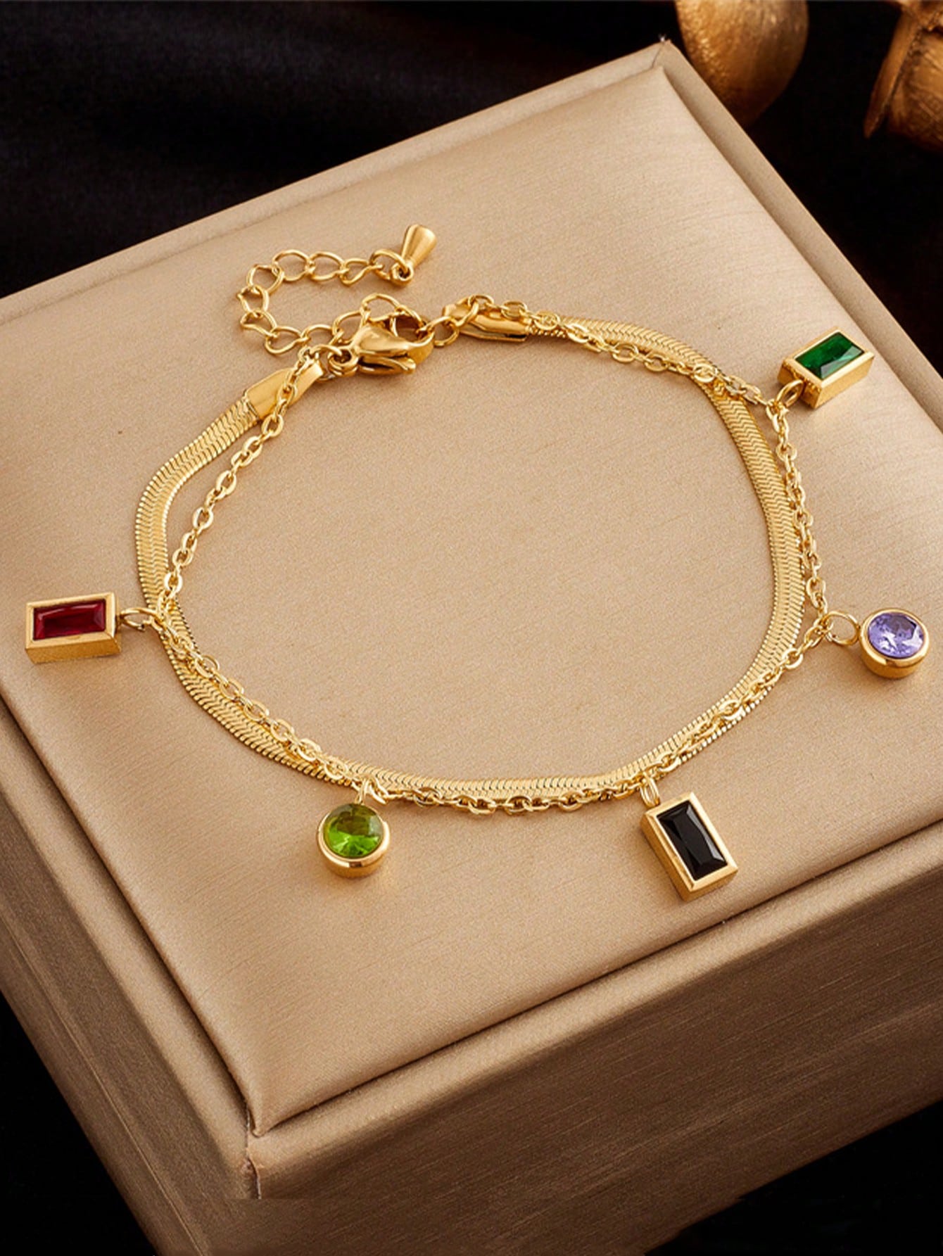 Women's Wide Multicolor Double Level Dopamine Crystal Chain Bracelet with Stones and Stainless Steel, Suitable for Daily Wear.