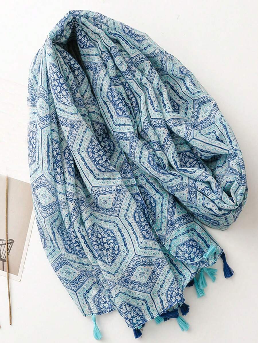 Fashion Beach Accessories for Women, Silk Scarves, Elegant and Simple Print Shawl, Breathable Long Tassel Scarf, Sun Protection for Spring and Summer, Outdoor and Beach, Versatile Head Scarf