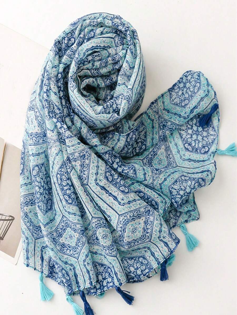Fashion Beach Accessories for Women, Silk Scarves, Elegant and Simple Print Shawl, Breathable Long Tassel Scarf, Sun Protection for Spring and Summer, Outdoor and Beach, Versatile Head Scarf