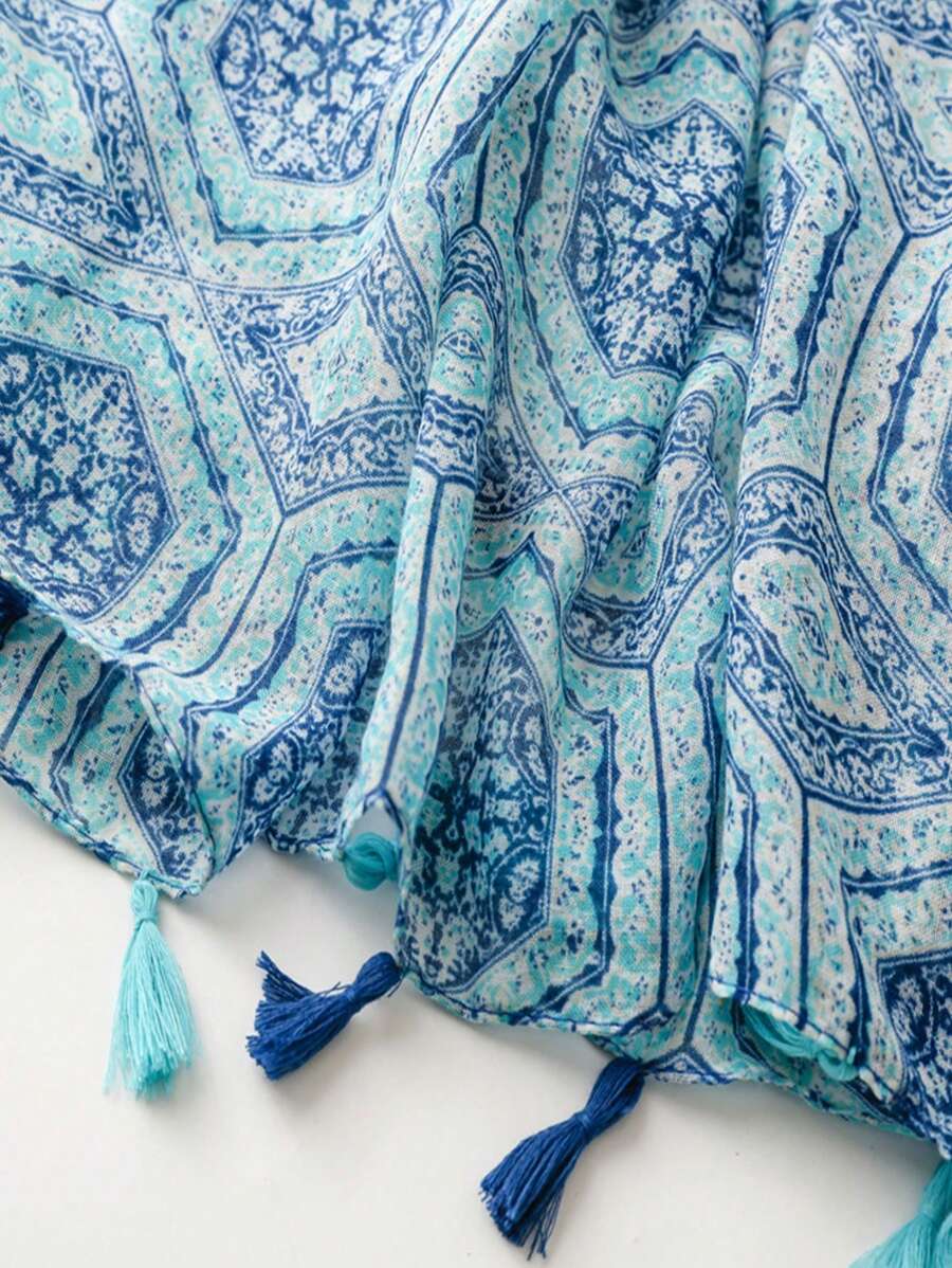 Fashion Beach Accessories for Women, Silk Scarves, Elegant and Simple Print Shawl, Breathable Long Tassel Scarf, Sun Protection for Spring and Summer, Outdoor and Beach, Versatile Head Scarf