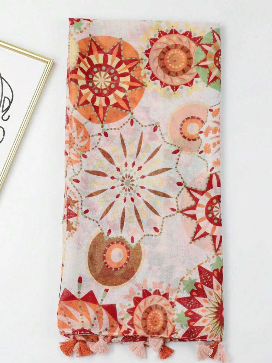 1-Piece Floral Print Scarf with Tassel Edges