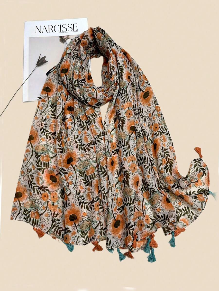 New Breathable Beach Scarf with Tassels, Fashionable Elegant Silk Scarf for Women, Versatile Long Scarf with Vivid Bohemian Print for Outdoor and Beach as a Head Wrap