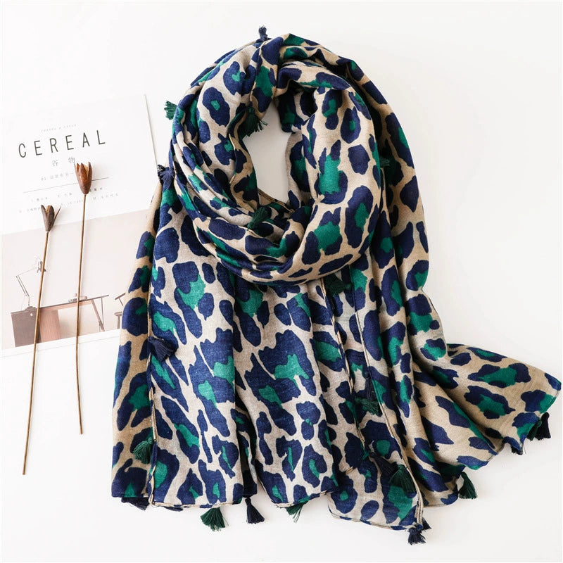 European and American Classic Fashion Leopard Print Scarf Spring Autumn and Winter Long All-match Women's Korean Style Cotton Linen Silk Scarf Dual-purpose Shawl