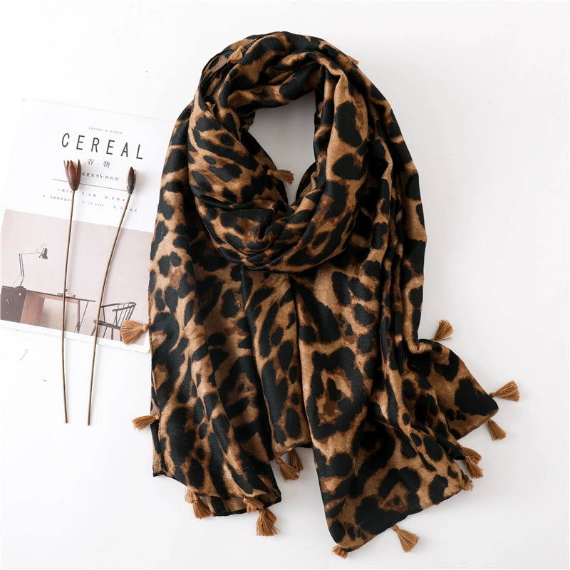 European and American Classic Fashion Leopard Print Scarf Spring Autumn and Winter Long All-match Women's Korean Style Cotton Linen Silk Scarf Dual-purpose Shawl
