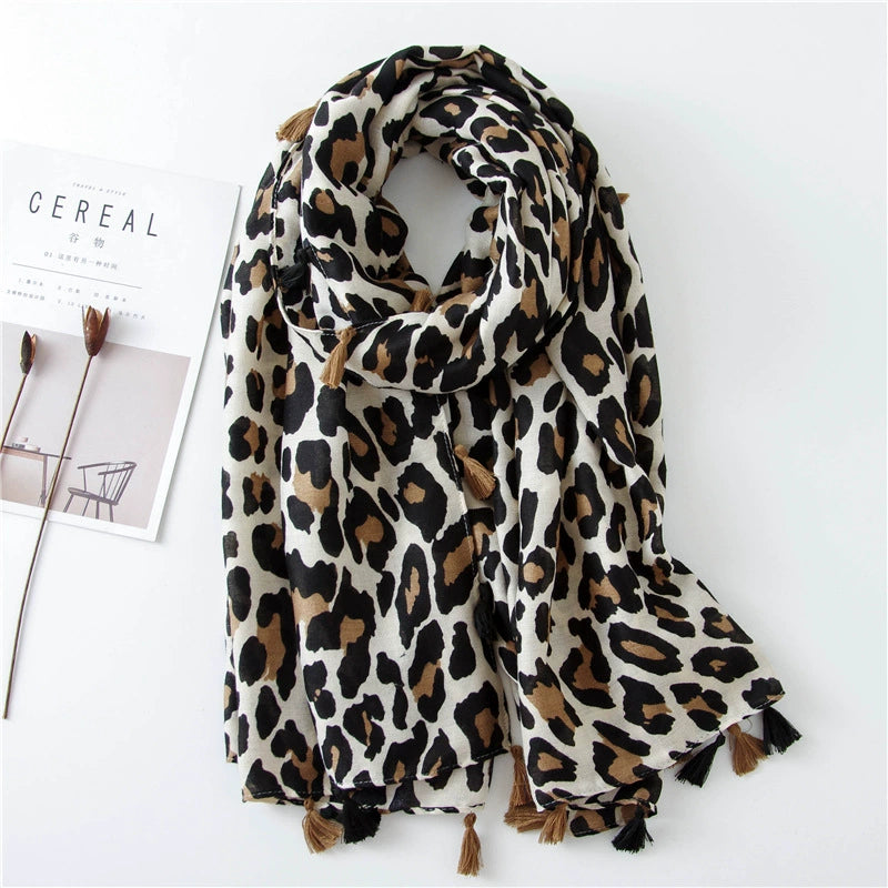 European and American Classic Fashion Leopard Print Scarf Spring Autumn and Winter Long All-match Women's Korean Style Cotton Linen Silk Scarf Dual-purpose Shawl