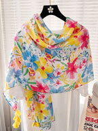 Women's Modern Printed Linen Cotton Scarf, Warm Sunscreen Beach Scarf, Neck Gaiter, Ladies Yellow