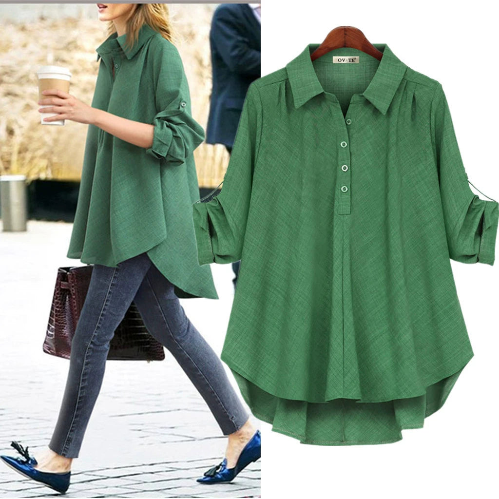 European and American Foreign Trade Women's Spring and Autumn New Two-color Fabric Shirt Large Size Loose Slimming Mid-length All-match Top