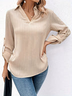 Women's Solid Color Roll Sleeve Shirt Back Button Embellishment