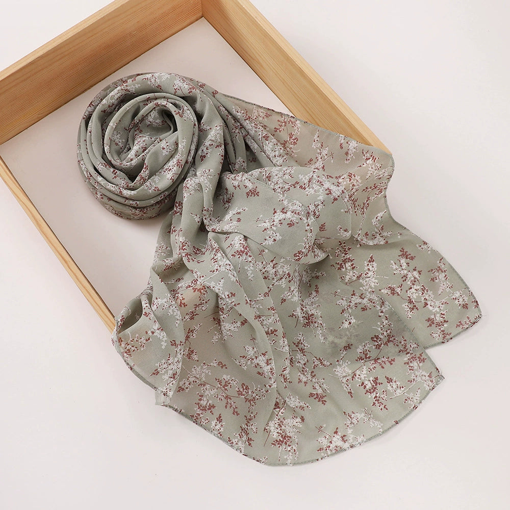 New Malaysian Pearl Chiffon Silk Scarf Rose Print Hijab Hui Turban Gauze Scarf Wholesale