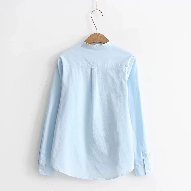 2025 Autumn New Versatile Stand Collar Cotton Shirt for Women, Long Sleeve, Fresh College Style Student Shirt for Layering