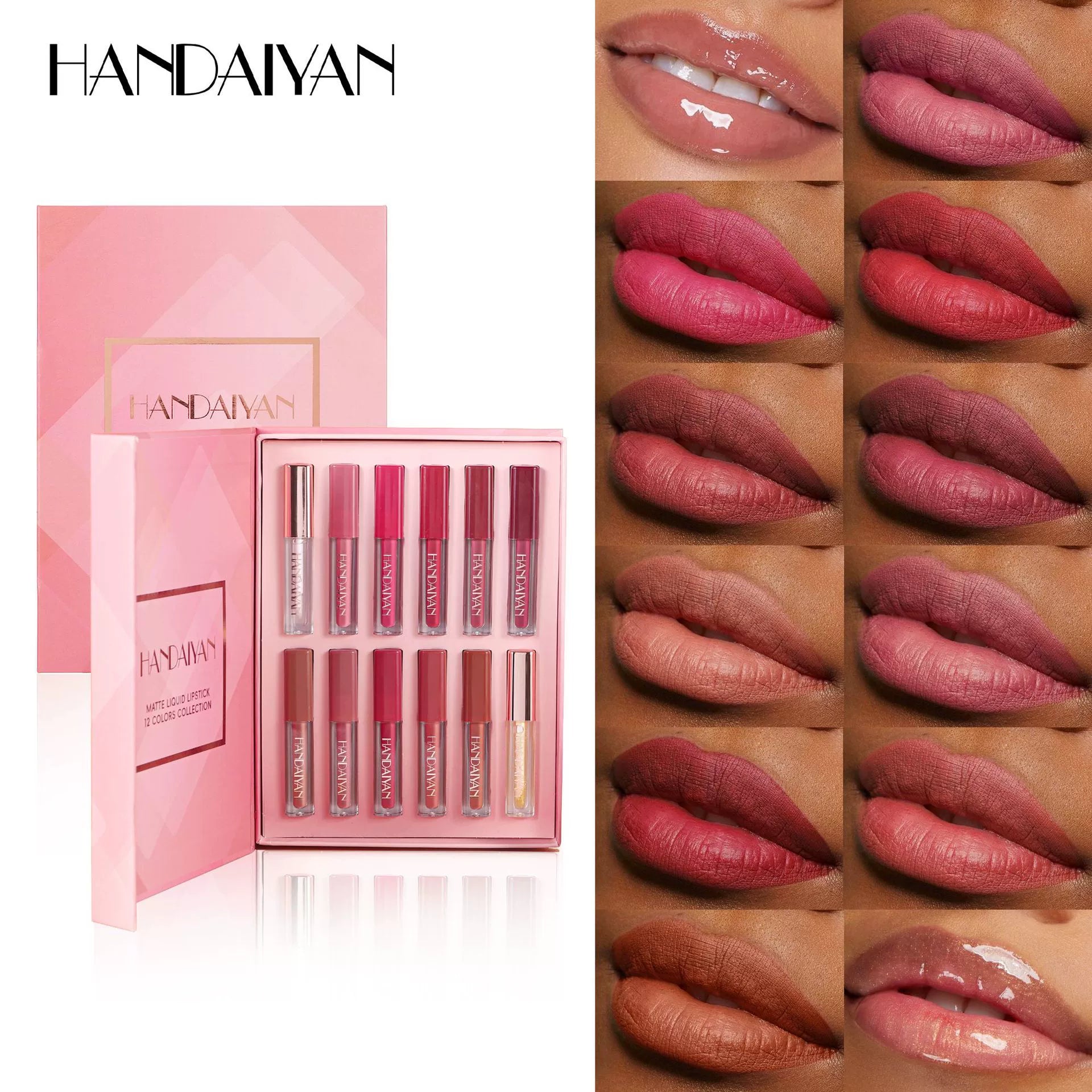 Cross-Border Lip Glaze Set Square Tube Lip Gloss Handaiyan Waterproof Easy-To-Color Pearlescent Matte Lip Glaze Set