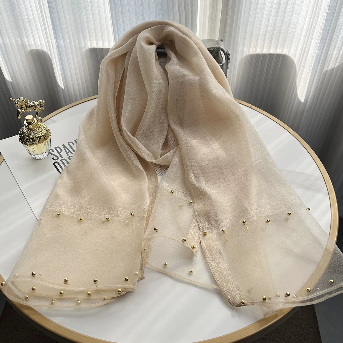 2025 Border Gold Edge Silk Scarf Classic Plaid Beaded Scarf Sunscreen Silk Scarf Gift Box Premium Sense